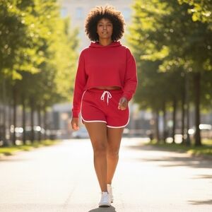 Red Cropped Top & Track Short Set Sz L NWT